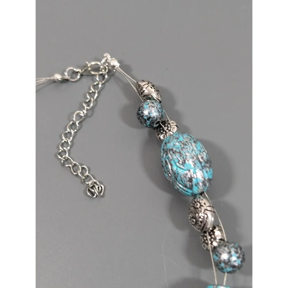 Retro Western Faux Patina Blue Silver tone Carved Style Bead Chunky Necklace 20